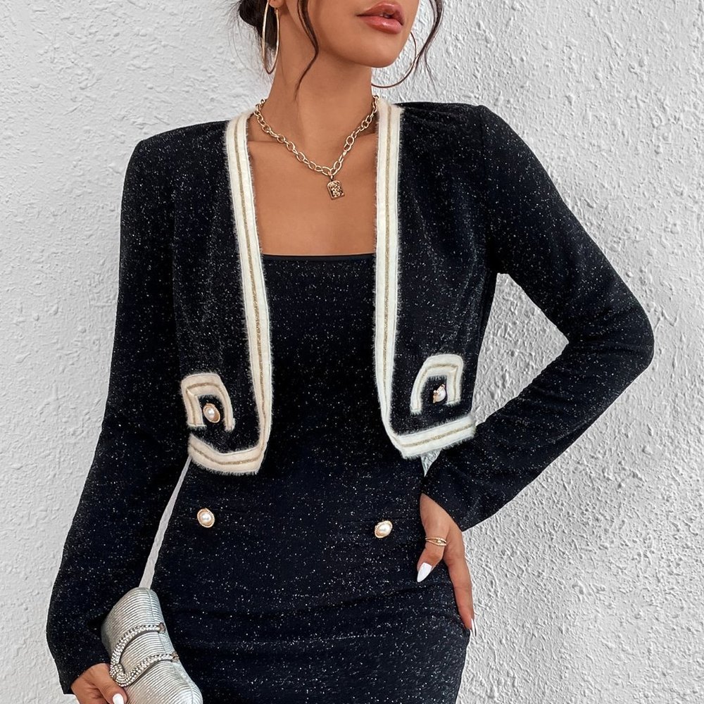 Black Preppy Womens Glitter Contrast Trim Jacket & Cami Bodycon Dress - Picture 4 of 5